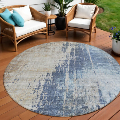 8' Navy Blue And Taupe Round Abstract Washable Indoor Outdoor Area Rug