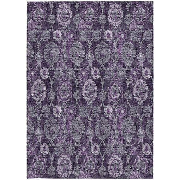 9' X 12' Eggplant Purple And Lavender Damask Washable Indoor Outdoor Area Rug