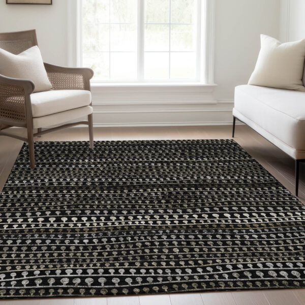8' X 10' Taupe Charcoal And Gray Striped Washable Indoor Outdoor Area Rug