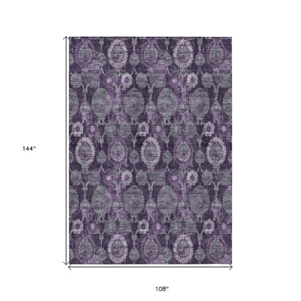 9' X 12' Eggplant Purple And Lavender Damask Washable Indoor Outdoor Area Rug