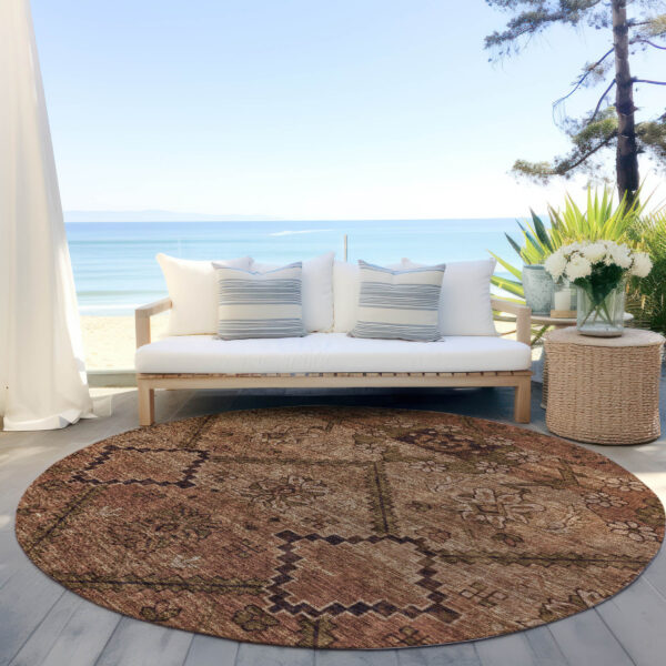 8' Orange Copper And Brown Round Floral Washable Indoor Outdoor Area Rug
