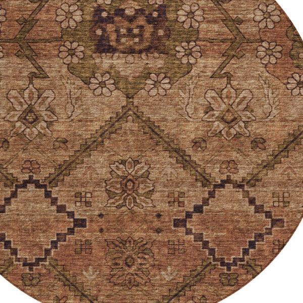 8' Orange Copper And Brown Round Floral Washable Indoor Outdoor Area Rug