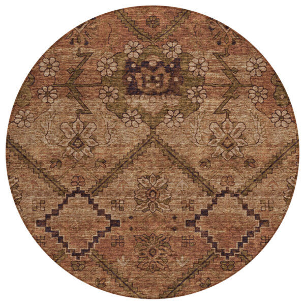 8' Orange Copper And Brown Round Floral Washable Indoor Outdoor Area Rug