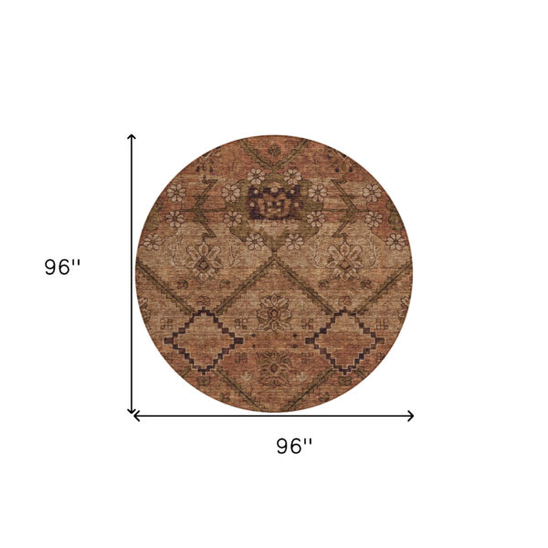 8' Orange Copper And Brown Round Floral Washable Indoor Outdoor Area Rug
