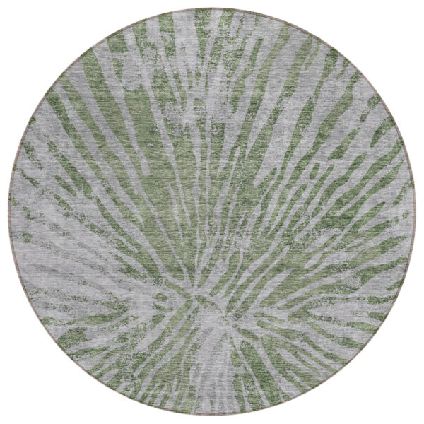 8' Olive Green Gray And Silver Round Abstract Washable Indoor Outdoor Area Rug