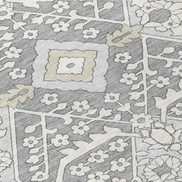 5' X 8' Gray Ivory And Silver Floral Washable Indoor Outdoor Area Rug