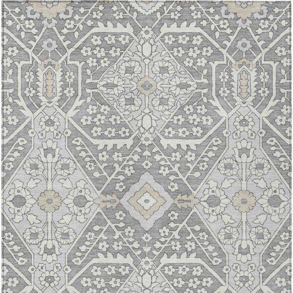 5' X 8' Gray Ivory And Silver Floral Washable Indoor Outdoor Area Rug