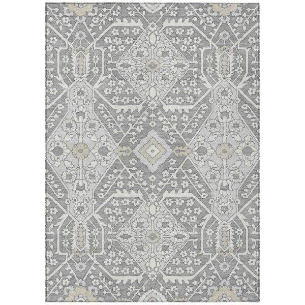 5' X 8' Gray Ivory And Silver Floral Washable Indoor Outdoor Area Rug