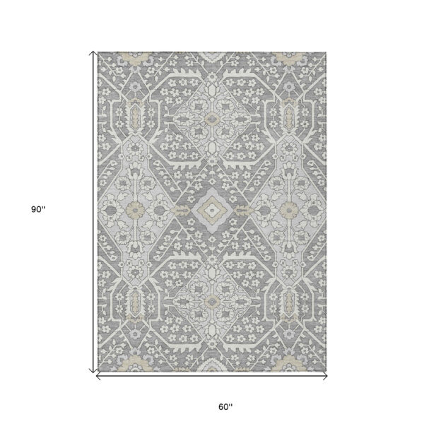 5' X 8' Gray Ivory And Silver Floral Washable Indoor Outdoor Area Rug