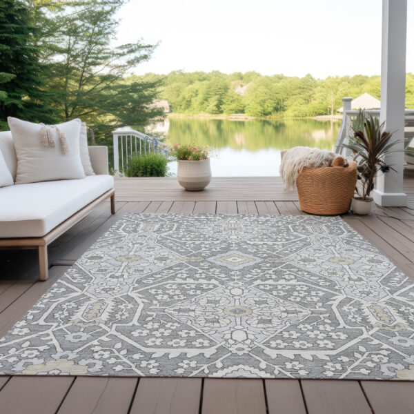 5' X 8' Gray Ivory And Silver Floral Washable Indoor Outdoor Area Rug