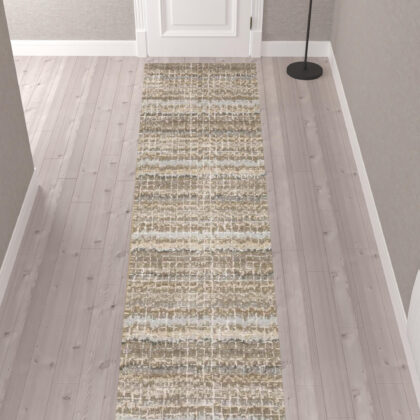 2' X 10' Ivory Grey Tan And Brown Abstract Power Loom Stain Resistant Runner Rug