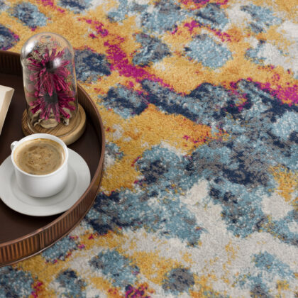 13' Runner Blue And Gold Abstract Dhurrie Runner Rug