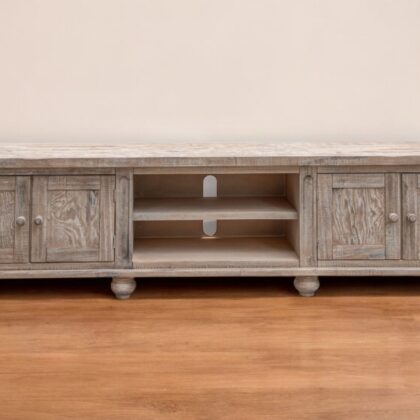 93" Desert Sand Solid Wood Cabinet Enclosed Storage Distressed TV Stand