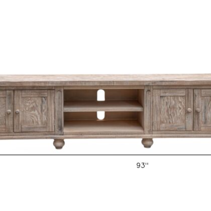 93" Desert Sand Solid Wood Cabinet Enclosed Storage Distressed TV Stand