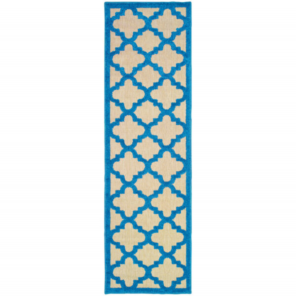 2' X 8' Blue and Beige Geometric Stain Resistant Indoor Outdoor Area Rug