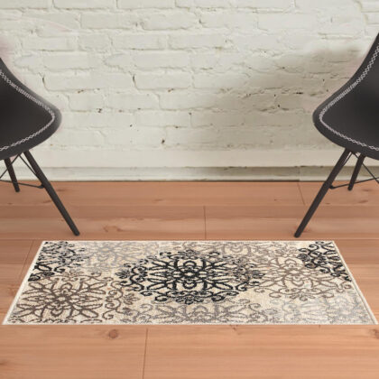 2' X 3' Tan Gray And Black Floral Medallion Stain Resistant Area Rug