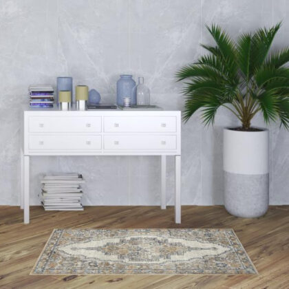 3' X 5' Grey And Light Blue Oriental Power Loom Non Skid Area Rug