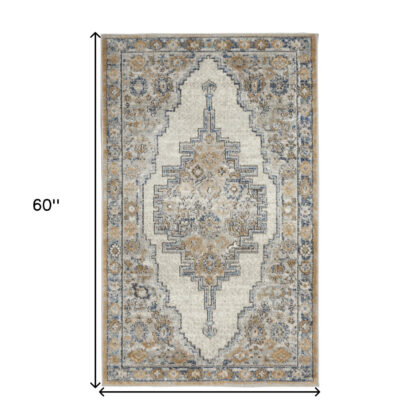 3' X 5' Grey And Light Blue Oriental Power Loom Non Skid Area Rug