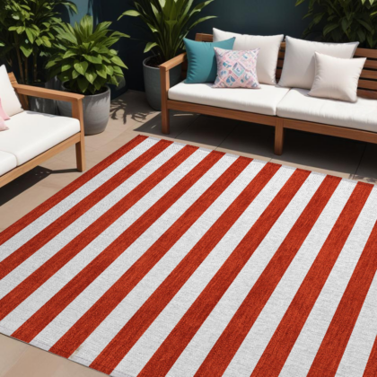 8' X 10' Red and White Striped Washable Non Skid Indoor Outdoor Area Rug