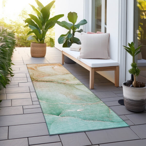 8' Runner Teal Abstract Washable Non Skid Indoor Outdoor Runner Rug