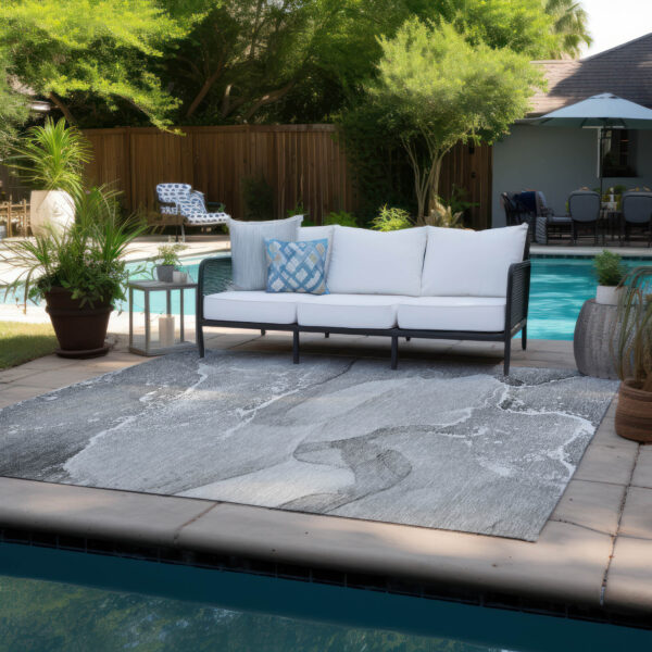 5' X 8' Gray and Ivory Abstract Washable Non Skid Indoor Outdoor Area Rug