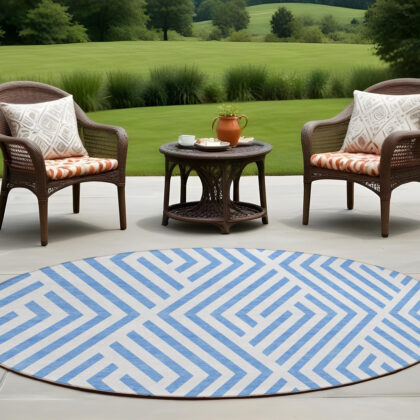 8' Round Blue and Ivory Round Geometric Washable Non Skid Indoor Outdoor Area Rug