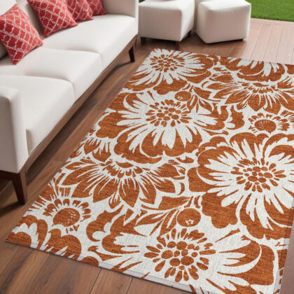 5' X 8' Rust and Ivory Floral Washable Non Skid Indoor Outdoor Area Rug