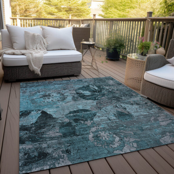 9' X 12' Teal and Gray Floral Washable Non Skid Indoor Outdoor Area Rug