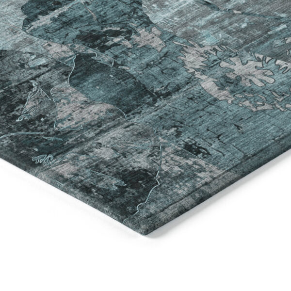9' X 12' Teal and Gray Floral Washable Non Skid Indoor Outdoor Area Rug