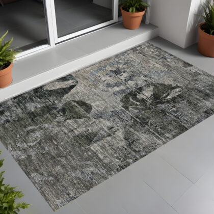 3' X 5' Gray Dark Green and Black Floral Washable Non Skid Indoor Outdoor Area Rug