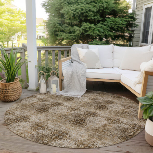 8' X 8' Taupe Round Floral Medallion Washable Non Skid Indoor Outdoor Area Rug