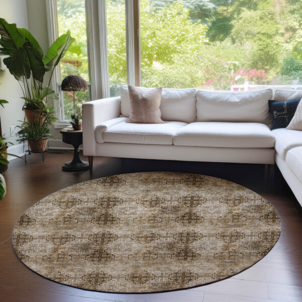 8' X 8' Taupe Round Floral Medallion Washable Non Skid Indoor Outdoor Area Rug