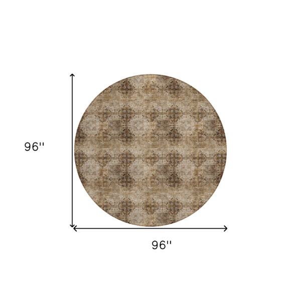 8' X 8' Taupe Round Floral Medallion Washable Non Skid Indoor Outdoor Area Rug