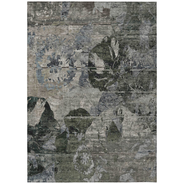 3' X 5' Gray Dark Green and Black Floral Washable Non Skid Indoor Outdoor Area Rug