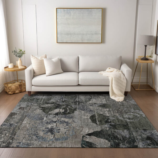 3' X 5' Gray Dark Green and Black Floral Washable Non Skid Indoor Outdoor Area Rug