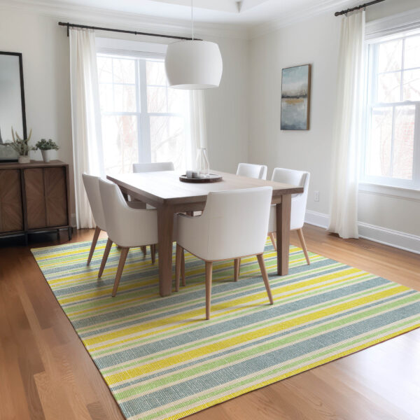 8' X 10' Blue and Yellow Striped Washable Non Skid Indoor Outdoor Area Rug