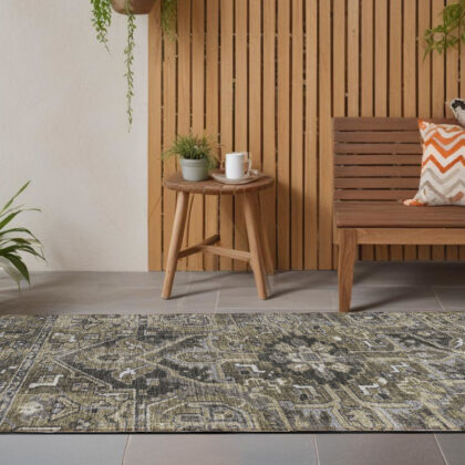 8' Runner Taupe and Dark Taupe Oriental Washable Non Skid Indoor Outdoor Runner Rug