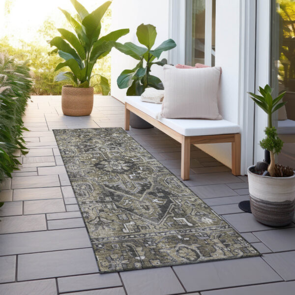 8' Runner Taupe and Dark Taupe Oriental Washable Non Skid Indoor Outdoor Runner Rug
