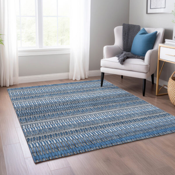 5' X 8' Denim Blue And Ivory Striped Washable Indoor Outdoor Area Rug