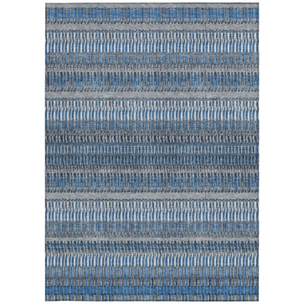 5' X 8' Denim Blue And Ivory Striped Washable Indoor Outdoor Area Rug