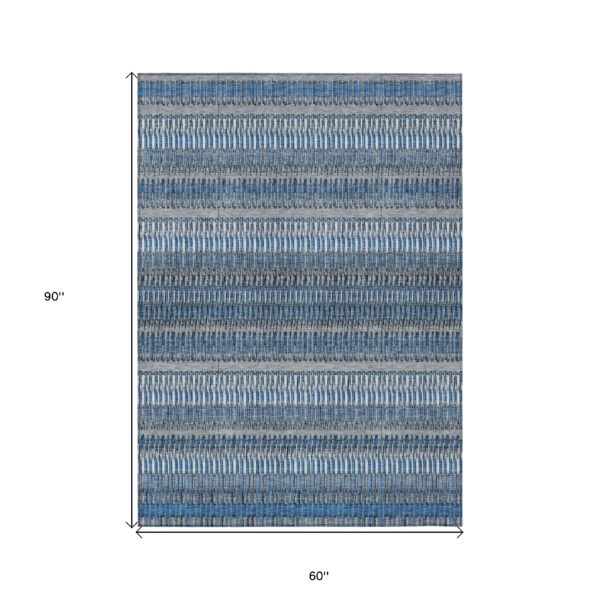 5' X 8' Denim Blue And Ivory Striped Washable Indoor Outdoor Area Rug