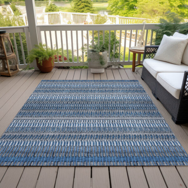 5' X 8' Denim Blue And Ivory Striped Washable Indoor Outdoor Area Rug