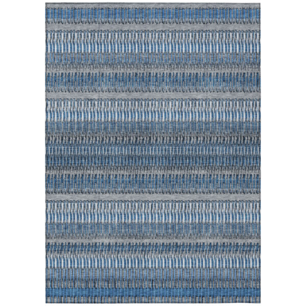 5' X 8' Denim Blue And Ivory Striped Washable Indoor Outdoor Area Rug