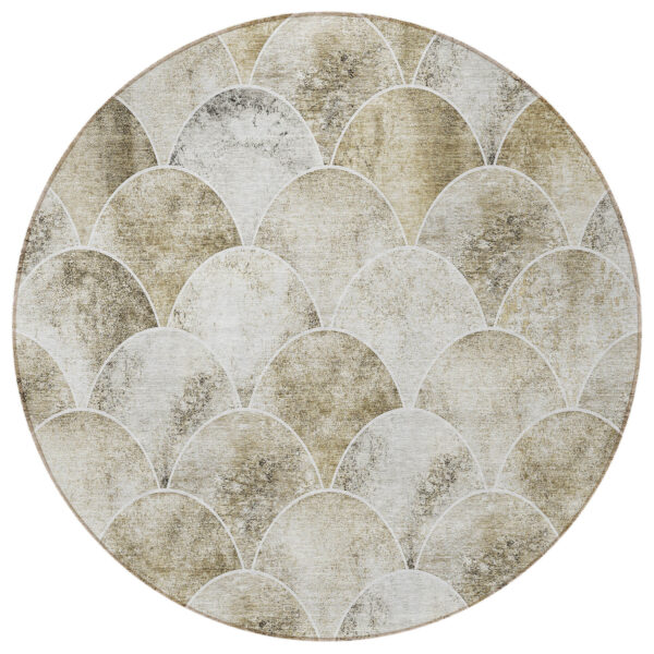 8' Beige Ivory And Tan Round Abstract Washable Indoor Outdoor Area Rug