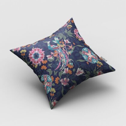 16" Navy Pink Peacock Zippered Suede Throw Pillow