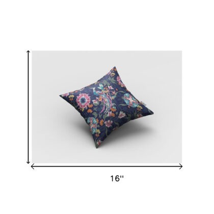 16" Navy Pink Peacock Zippered Suede Throw Pillow
