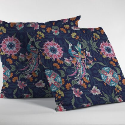 16" Navy Pink Peacock Zippered Suede Throw Pillow