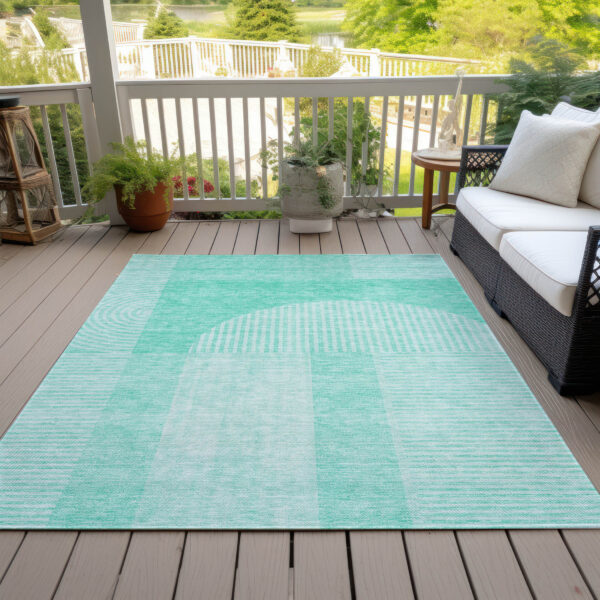 9' X 12' Teal Blue And Aqua Geometric Washable Indoor Outdoor Area Rug