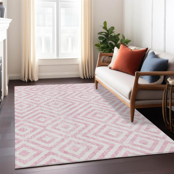 9' X 12' Pink And Ivory Geometric Washable Indoor Outdoor Area Rug