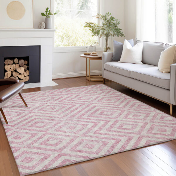 9' X 12' Pink And Ivory Geometric Washable Indoor Outdoor Area Rug